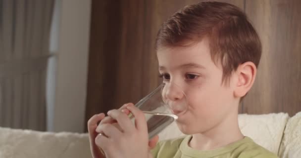 행복한 우유를 마시는 개념을 거실에서 소년은 요구르트 우유를 마시고 그녀의 — 비디오