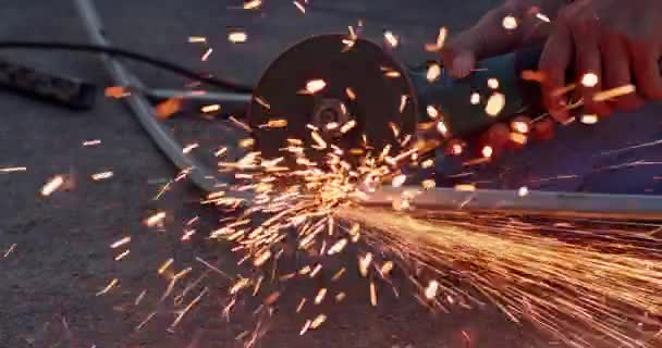 Blacksmith Cutting Metal Using Angle Grinder While Working Industrial Workshop — Stock Video