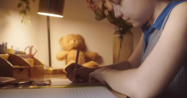 Bedårande Söt Skolflicka Som Studerar Hemma Ensam Gör Matematiska Beräkningar — Stockvideo