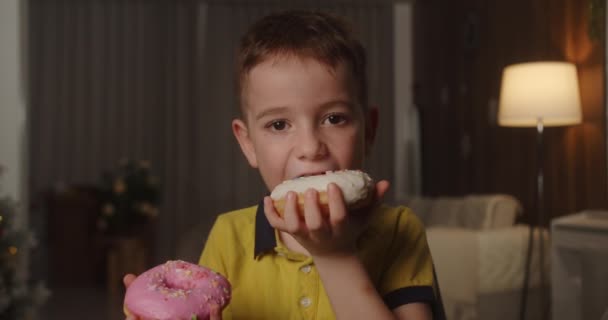 Retrato Criança Caucasiana Anos Come Delicioso Donut Sobremesa Doce Esmalte — Vídeo de Stock