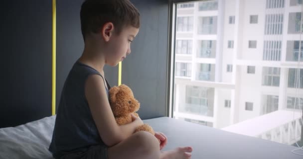 就学前の年齢の小さな男の子動揺子供は彼のベッドの上の窓の近くに座っています 彼の手の中に彼の豪華なクマを保持します 通りに窓の外を見ます 家族の子供たちに対する暴力悲しい子供 — ストック動画