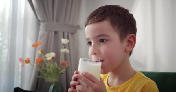 우유를 마시는 어린이가 식사를 개념입니다 부엌에 요구르트 우유를 마시고 입술을 — 비디오