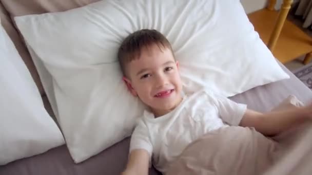 Portrait Happy Cute Funny Cheerful Little Child Boy White Pajamas — Stock Video