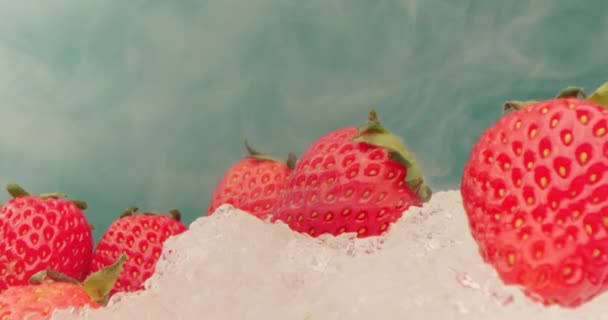 Ακραίες Κοντινές Μακρο Λεπτομερείς Κόκκινες Φράουλες Κείτονται Ξηρό Πάγο Στον — Αρχείο Βίντεο