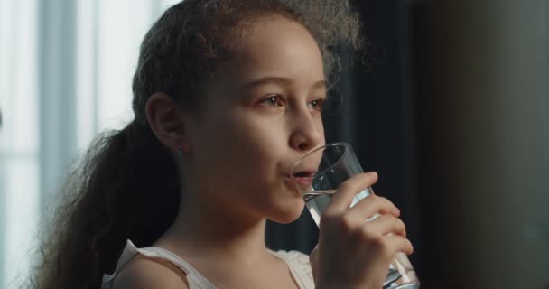 Nettes Kind Mädchen Trinkglas Frisch Transparent Reines Gefiltertes Mineralwasser Hause — Stockvideo