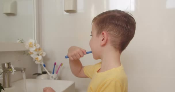 Portret Szczęśliwy Słodkie Małe Dziecko Mycie Zębów Łazience Uśmiech Codzienna — Wideo stockowe