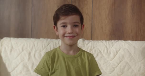 Retrato Divertido Niño Sonriente Niño Mirando Cámara Están Sentados Sofá — Vídeos de Stock