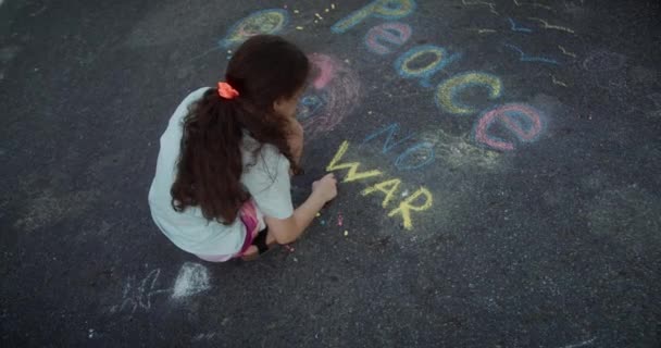 Cute Little Boy Draw Peace Asphalt Chalk Top View Little — Stock Video