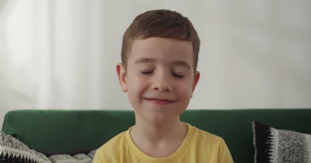 Close Portrait Home Indoor Little Caucacian Boy Cute Son Pupil — Video Stock
