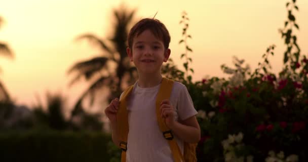 행복한 귀여운 소년의 초상화 잘생긴 배낭을 햇볕이 거리에 잘생긴 4K는 — 비디오