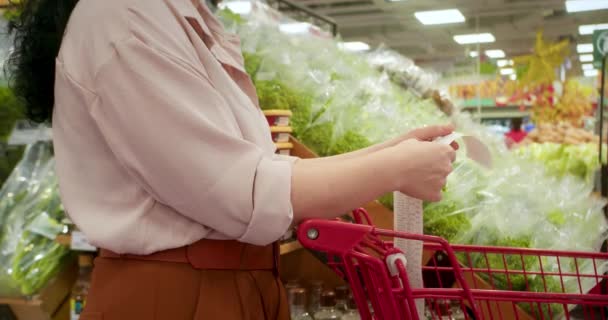 야채의 배경에 여자는 식료품 카트에서 법안을 쇼핑몰에서 식료품에 점검을 합니다 — 비디오
