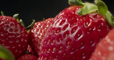Çilek, Kırmızı Sulu Olgun Çilek, Yakın plan, Lezzetli Yaz Meyveleri. Taze Hasat Çilekleri 'nin geçmişi. Sağlıklı Doğal Vegan Gıda kavramı. Yumuşak odaklanma. 4K