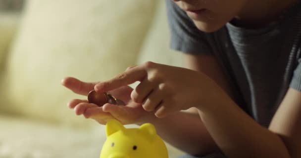 子供はお金を返し それをブタバンに入れました 女子生徒がピンクのピギーバンクにコインを投げ込む 銀行のセキュリティの象徴であるブタバンクの硬貨 金融貯蓄について 金融セキュリティの子供たち — ストック動画