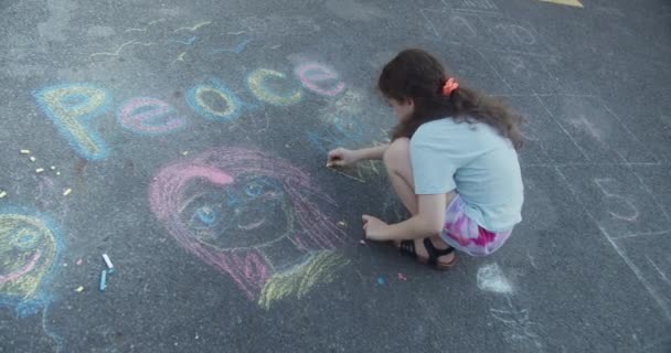 Cute Little Boy Draw Peace Asphalt Chalk Top View Little — Stock Video
