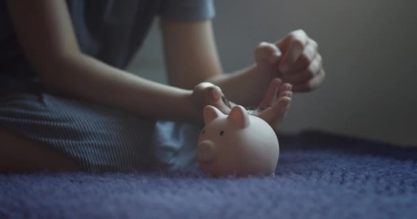 Großaufnahme Einer Hand Die Münzen Ein Sparschwein Wirft Finanz Und — Stockvideo