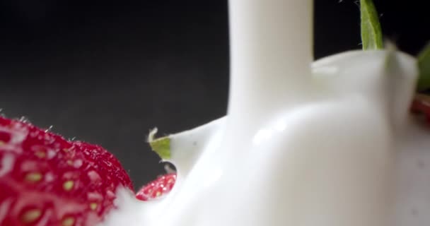 ヨーグルトに横たわる赤いイチゴの詳細なエクストリームクローズアップ 甘い赤いベリーは白い乳液で覆われています ジューシーな新鮮なイチゴの上にクリームやヨーグルトを注ぐ 4Kについて — ストック動画