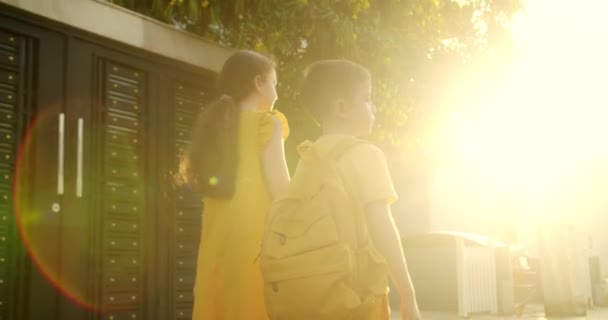 姉と弟は学校へ行った 幸せな家庭教育コンセプト 学校の男の子が 学校に手を差し伸べる 黄色いブリーフケースの時間を持つ小さな女の子と小さな少年 — ストック動画