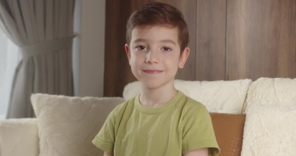 Портрет Смішний Маленький Хлопчик Усміхнений Дитина Дивлячись Камеру Сидить Дивані — стокове відео