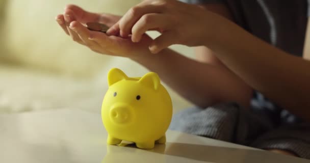Niño Cuenta Dinero Pone Una Alcancía Colegiala Lanza Monedas Una — Vídeos de Stock