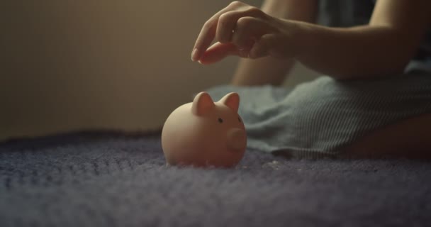 将硬币抛进储蓄罐的特写镜头 金融和商业安全 小猪银行里的硬币象征着银行的安全 财政储蓄存于银行 商业和金融安全概念 — 图库视频影像