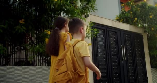 Irmã Irmão Vão Para Escola Conceito Educação Familiar Feliz Menina — Vídeo de Stock