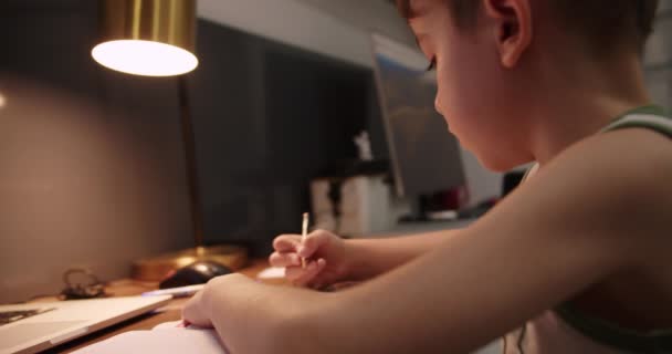 Liten Pojke Studerar Hemma Porträtt Ett Stiligt Sött Barn Som — Stockvideo