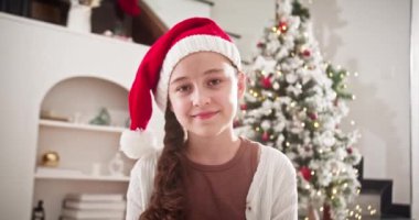 Noel Baba 'nın Noel ağacının yanındaki geleneksel oturma odasında oturmuş Noel Baba şapkalı gülümseyen mutlu çocuk portresi..