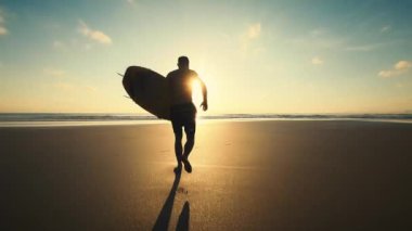 Turuncu yaz günbatımı. Macera ruhu, başarı, doğa. İnce erkek sörfçü kumsalda kumsalda uzun bir sörf tahtası alır ve ılık okyanus suyu boyunca koşar. 4K