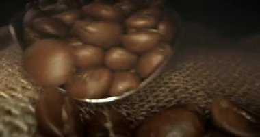 Taze kavrulmuş kahve çekirdeği kavramı, lezzetli, aromatik, kavrulmuş birinci sınıf Arabika fasulyesi. Kızarmış kahve çekirdekleri spatuladan ahşap bir masaya dökülüyor. 4K