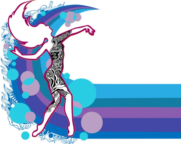 抽象的なカラフルな背景と花のパターンを持つダンス女性のベクトルシルエット装飾イラスト — ストックベクタ