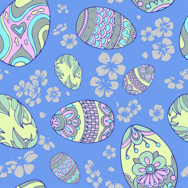 Vector Seamless Colorful Pattern Easter Eggs Cherry Blossom Blue Background — Stock Vector