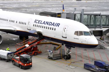 OSLO - DEC 31: Close-up of Icelandair Boeing with aircompany logotype before flight at Oslo airport Gardermoen, December 31. 2015 in Norwa