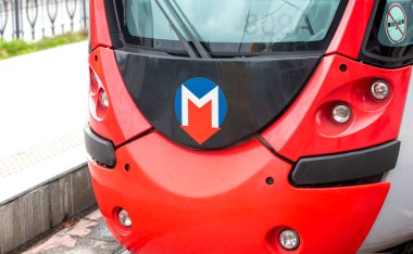ISTANBUL - DEC 30: Close-up of metro railway carriage with logotype on surface in Istanbul on December 30. 2021 in Turkey