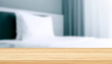 Montage tabletop with free space for designer ideas. Wooden table, shelf in a hotel room. 