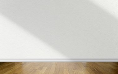 Empty room with white wall with abstract shadows on surface and wooden parquet floor as business mockup 