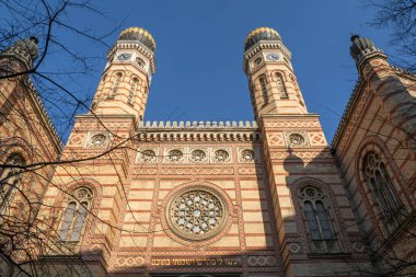 BUDAPEST - JANUARY 19: Facade of the Great Synagogue or The Dohany street Synagogue in Budapest on January 19. 2022 in Hungary