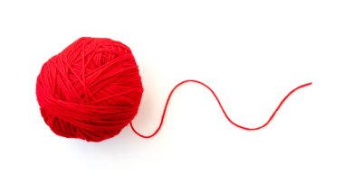 Ball with red yarn and thin rope isolated on white 