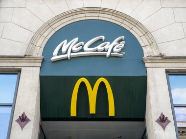 MINSK -  JULY 29: Exterior of the McDonalds restaurant with yellow M logotype in Minsk, on July 29. 2021 in Belarus