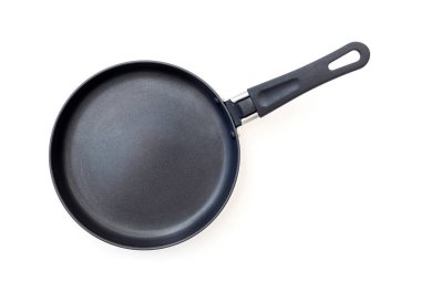 Black pan isolated on white, top view