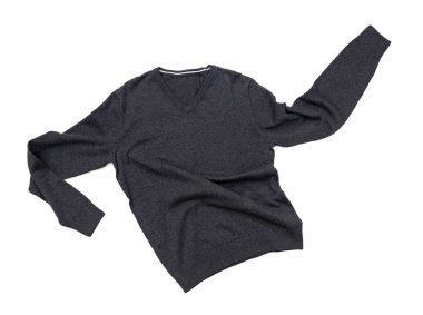 Dark gray cotton sweater isolated on white, top view. Casual style.