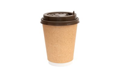 Brown cardboard cup covered by plastic cap, mockup disposable paper mug, front view