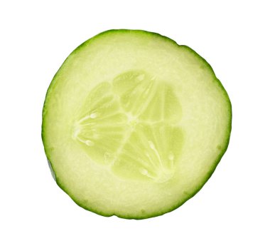 Round slice of fresh green cucumber isolated on white, top view, clipping path