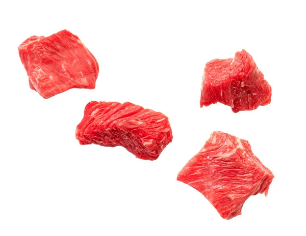 Pezzi Carne Manzo Cruda Che Cadono Isolati Bianco Fette Carne — Foto Stock