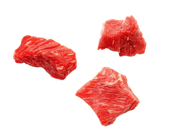 Drie Plakken Rauw Rundvlees Geïsoleerd Wit Knippad — Stockfoto