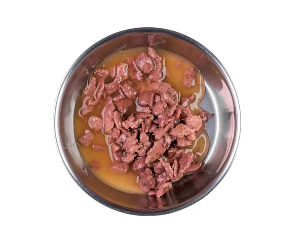Stålskål Med Vått Sällskapsdjursfoder Mat Isolerad Vitt Ovanifrån — Stockfoto