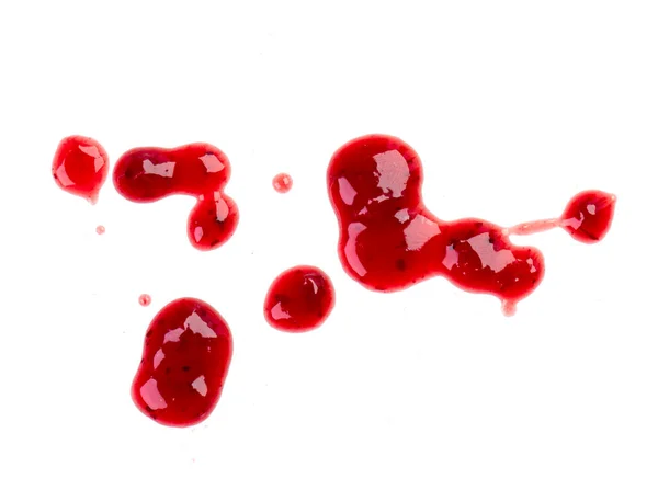 Σταγόνες Και Λεκέδες Από Μαρμελάδα Κόκκινου Μούρου Σάλτσα Απομονωμένη Λευκό — Φωτογραφία Αρχείου