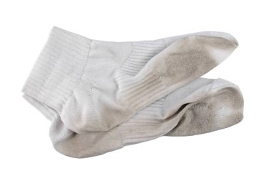 Bir çift beyaz kullanılmış kirli çorap izole edilmiş, üst görünüm, kırpma yolu