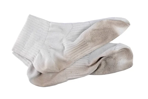 Ζευγάρι Από Λευκές Χρησιμοποιημένες Βρώμικες Κάλτσες Απομονωμένες Κορυφαία Άποψη Μονοπάτι — Φωτογραφία Αρχείου
