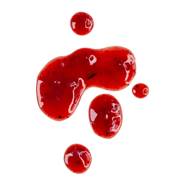 Gotas Manchas Geléia Baga Vermelha Líquida Molho Isolado Fundo Transparente — Fotografia de Stock