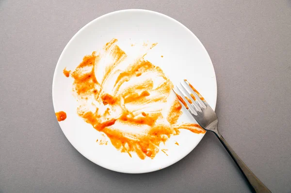 Dirty White Ceramic Plate Tomato Sauce Stains Food Leftovers Fork — Stock Photo, Image